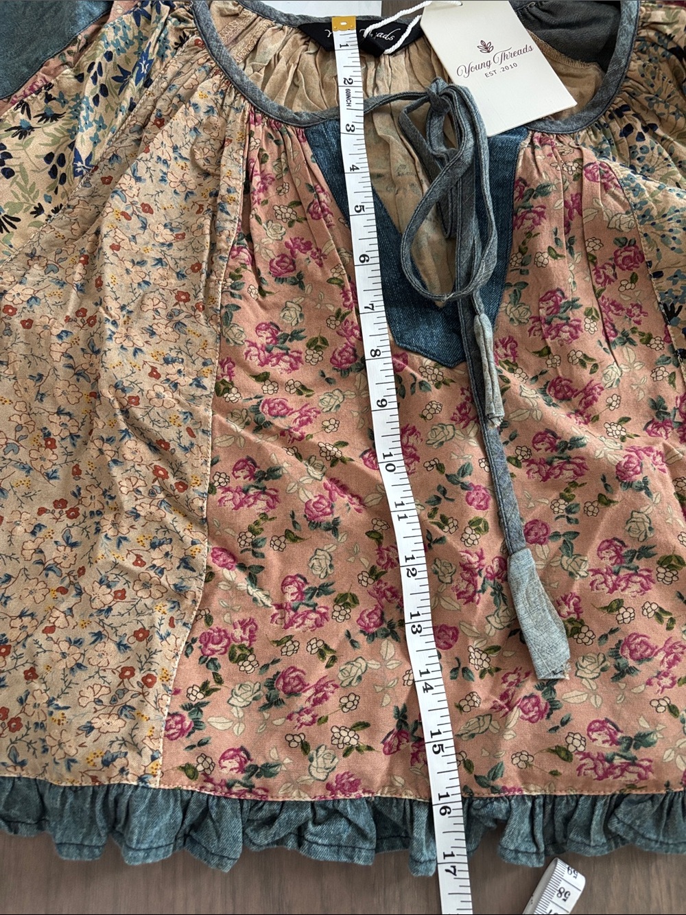 Patchwork Floral Tie-Front Crop Top in Cream, Blue and Pink - Picture 9 of 10
